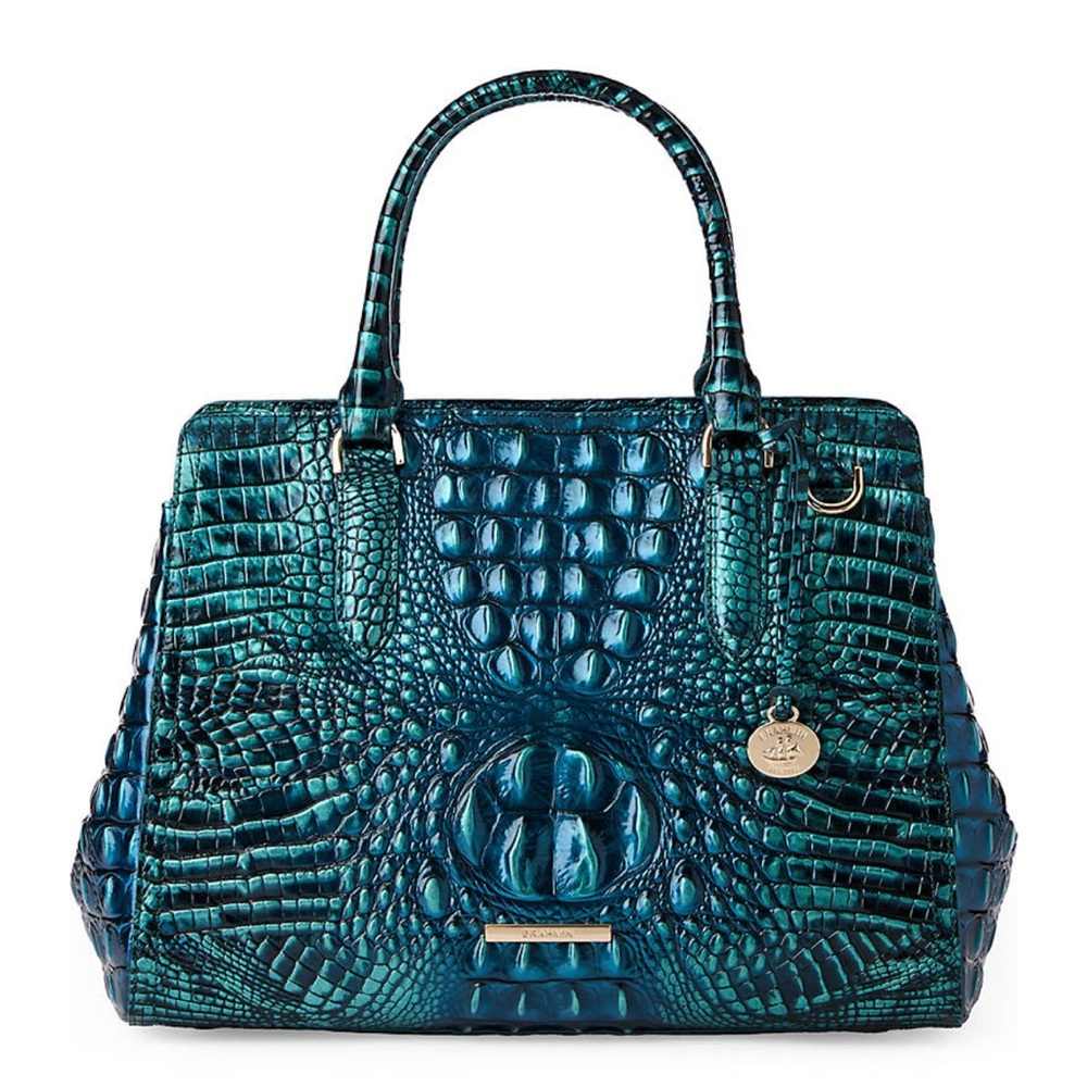 Brahmin Small Finley Satchel With Daisy Wristlet In Blue Patina(sold as a set)
